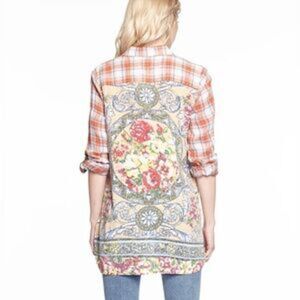 Aratta Silent Journey Women Size M Plaid Floral Roll Tab Sleeves Tunic Top Boho